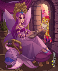 Faerie Queen Fyora from Neopets blanket. Soft pinks and purples, Queen Fyora perches on a chair reading a book.