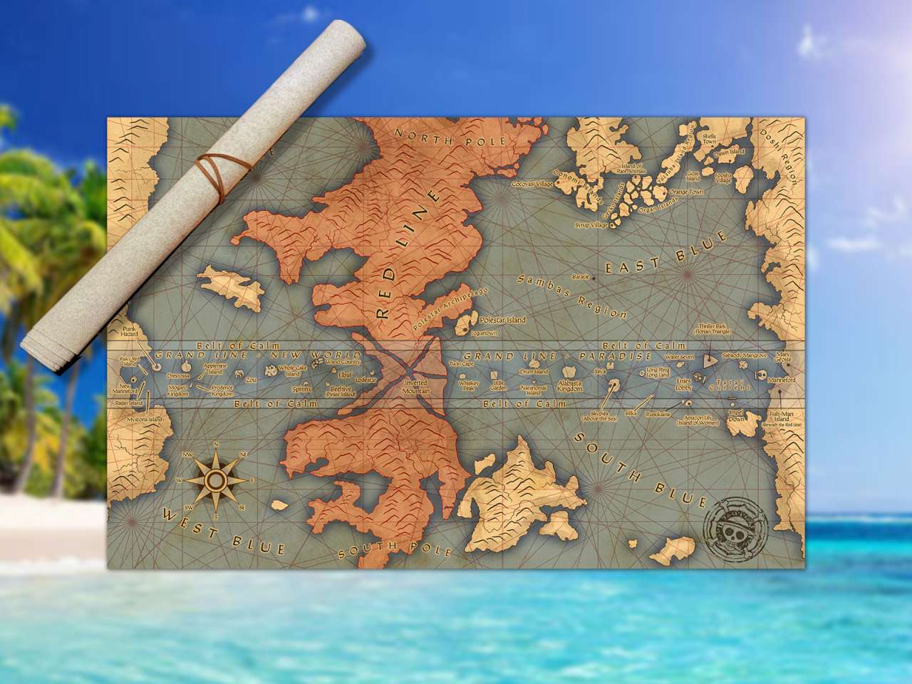 Engraved Map of anime One Piece on Baltic Birch