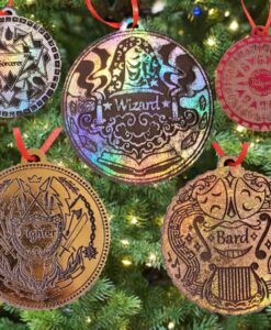 Holo-foiled wood Dungeons and Dragons class ornaments.